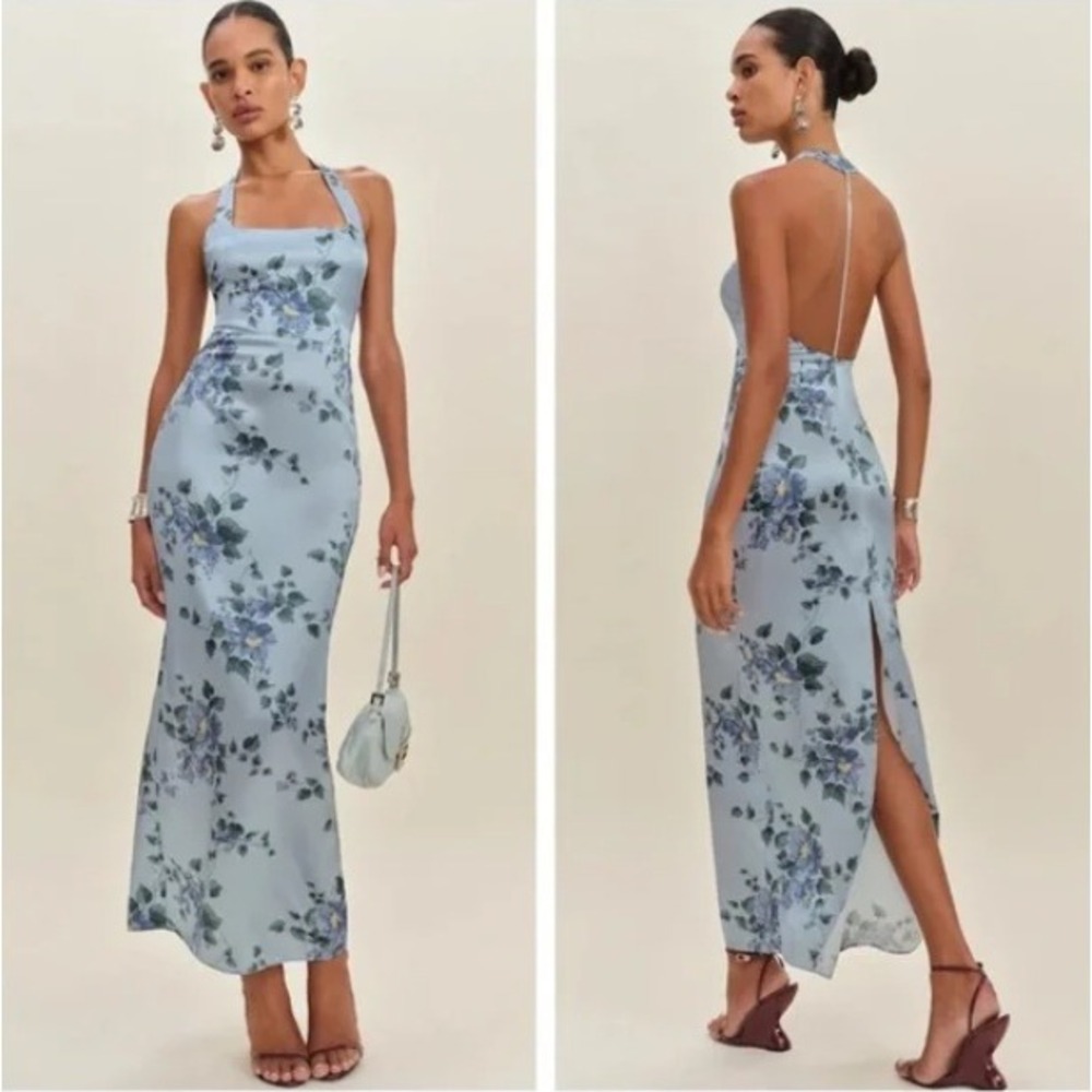 NEW NWT Reformation Ivan Silk Dress Floral Halter Maxi Dress in Fresh Air 2